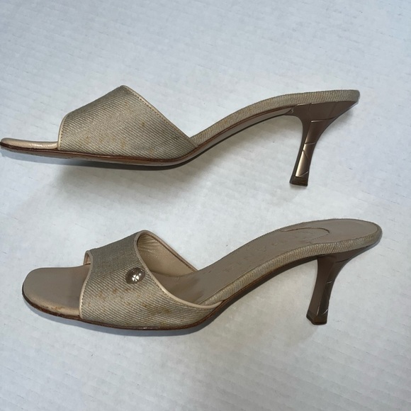 Chanel slide boho classic retro sandals heels Wheat color fabric silver logo 6.5 - Picture 5 of 15